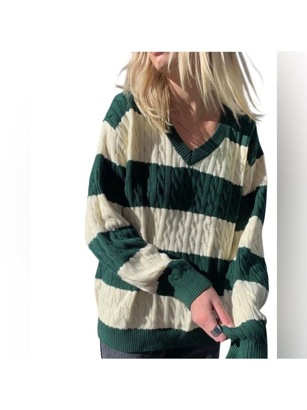 Brandy Melville Nikki Cable Knit Sweater Women XL Cotton Green White Oversized